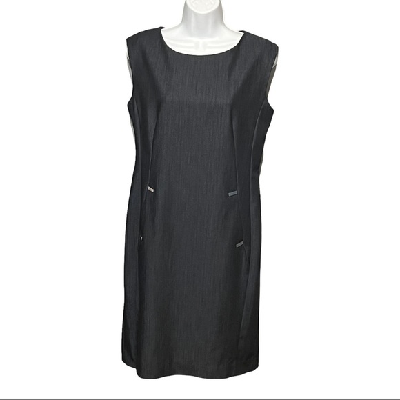 Calvin Klein Sleeveless Pocket Sheath Dress Chambray Black Sliming Princess Cut - Picture 3 of 9